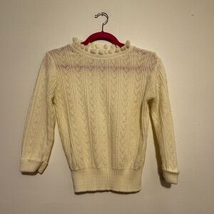 Vintage Deadstock Keneth Too Ivory Crochet Knit Heart Ruffle Neckline Sweater XS